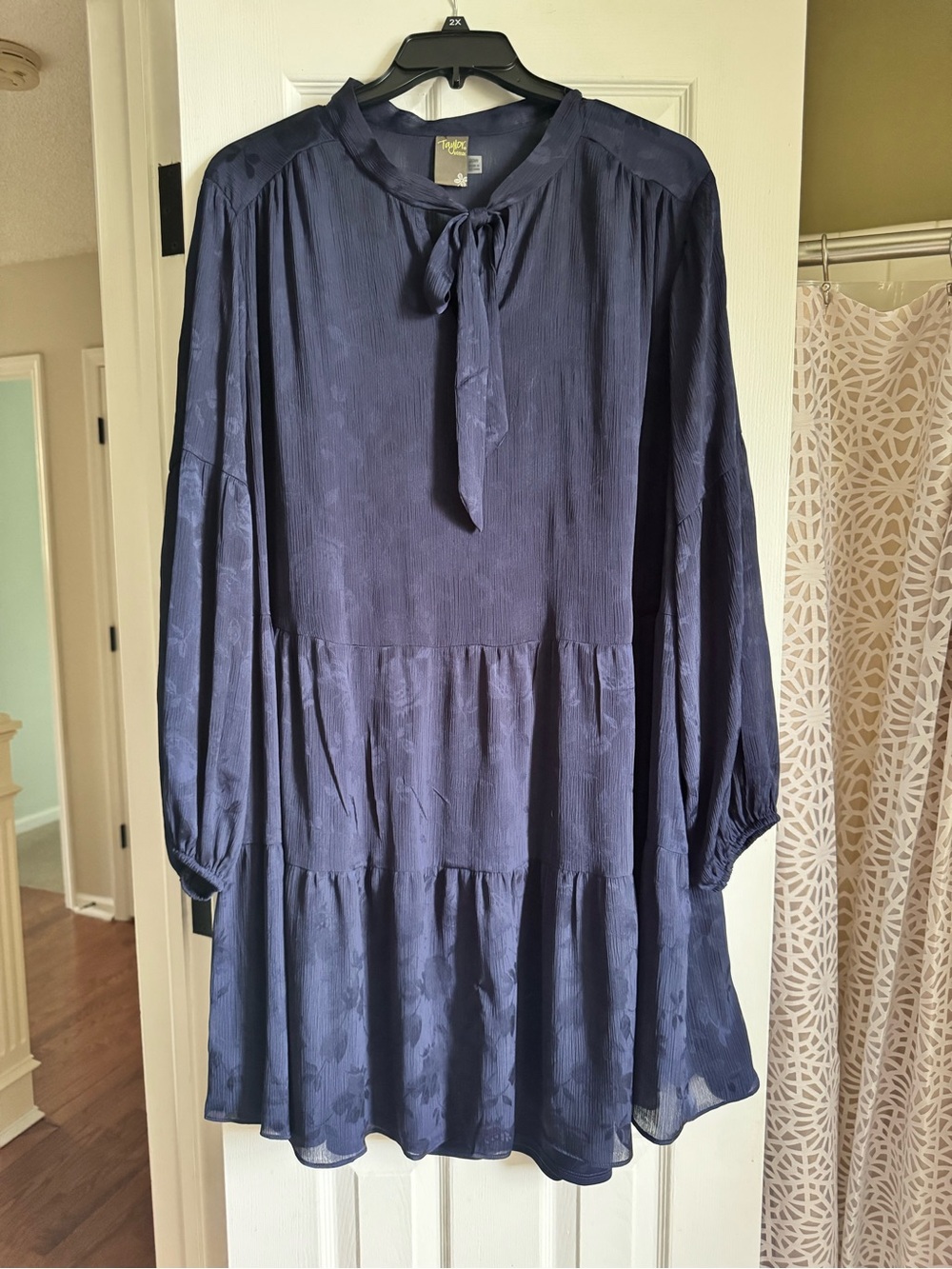 Taylor Navy Long-Sleeve Tie-Neck Tiered Dress